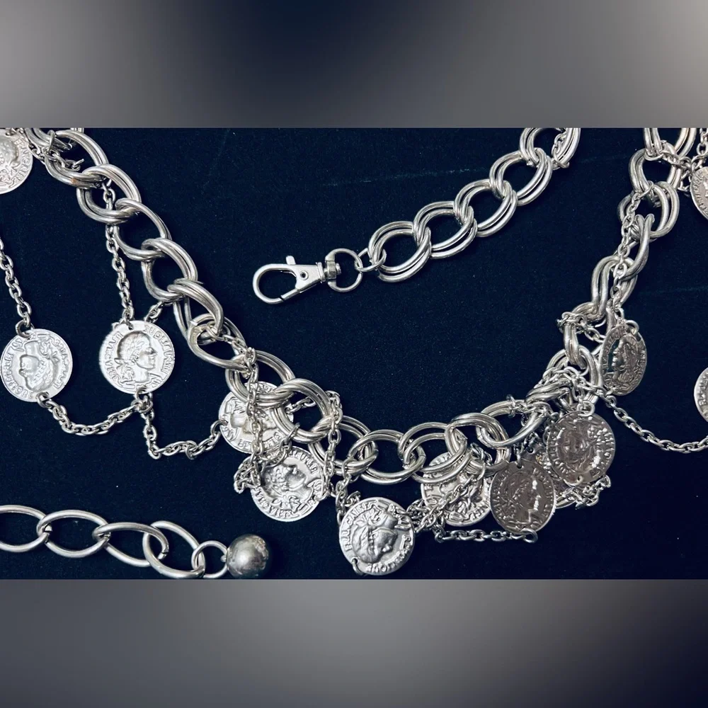 Vintage Silver Tone Coin Chain Link Belt - Picture 9 of 10